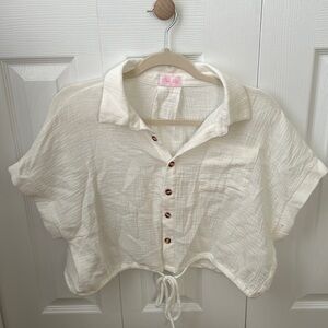 Pink Lily White Button-up Collared Crop Top